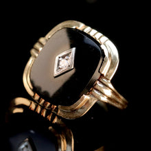 Load image into Gallery viewer, Vintage cushion cut onyx and diamond ring in yellow gold