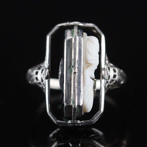 Vintage flip ring with onyx and cameo in 14k white gold