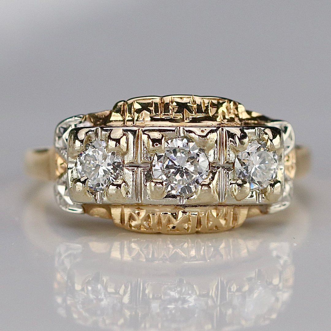 Transitional cut vintage 3 stone diamond band in 14k