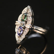 Load image into Gallery viewer, Estate platinum navette ring with diamonds, aquamarine, tanzanite, and tourmaline in platinum from Manor Jewels