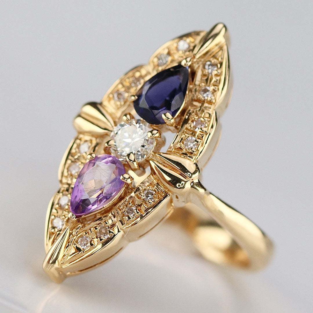 18k yellow gold multi gemstone navette ring