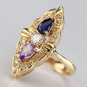 SPECIAL: 18k yellow gold multi gemstone navette ring