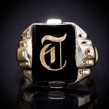 Load image into Gallery viewer, Vintage onyx initial T ring in yellow gold