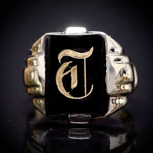 Vintage onyx initial T ring in yellow gold