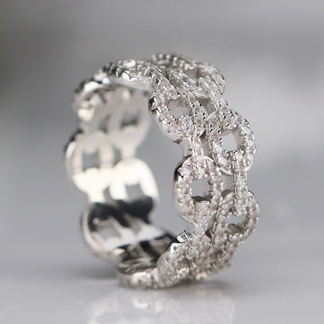 Sterling silver CZ studded double chain style band