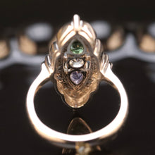 Load image into Gallery viewer, Estate platinum navette ring with diamonds, aquamarine, tanzanite, and tourmaline in platinum from Manor Jewels