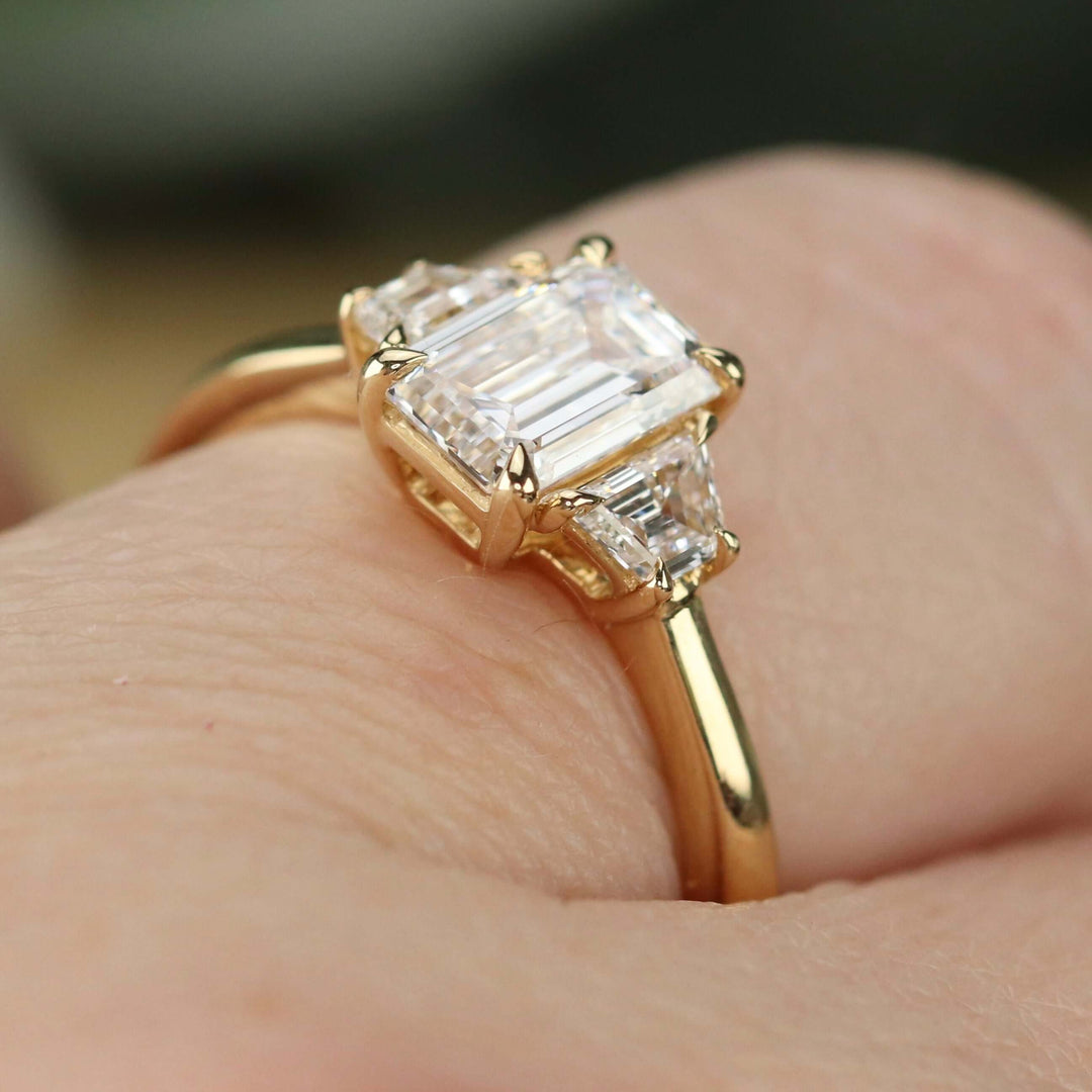 SPECIAL:  MANOR ROYAL:  The Queen Anne - 3 stone 1.40ctw lab grown emerald cut diamond ring in 14k yellow gold