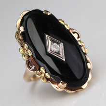 Load image into Gallery viewer, Large oval vintage black onyx and diamond ring in rose, green, and yellow gold ring