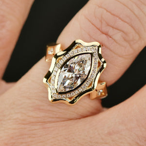 MANOR ROYAL: The Sienna - 1.64ctw Marquise lab grown diamond halo ring in 14k yellow gold