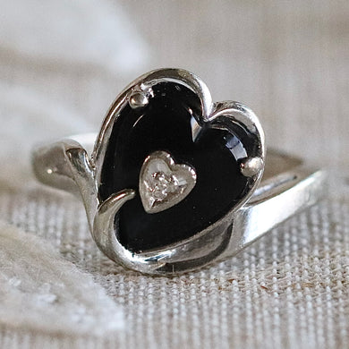 Vintage Heart shaped onyx and diamond ring in white gold