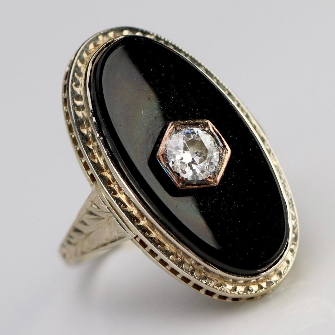 Vintage Onyx and .21ct OEC diamond ring in 14k white gold