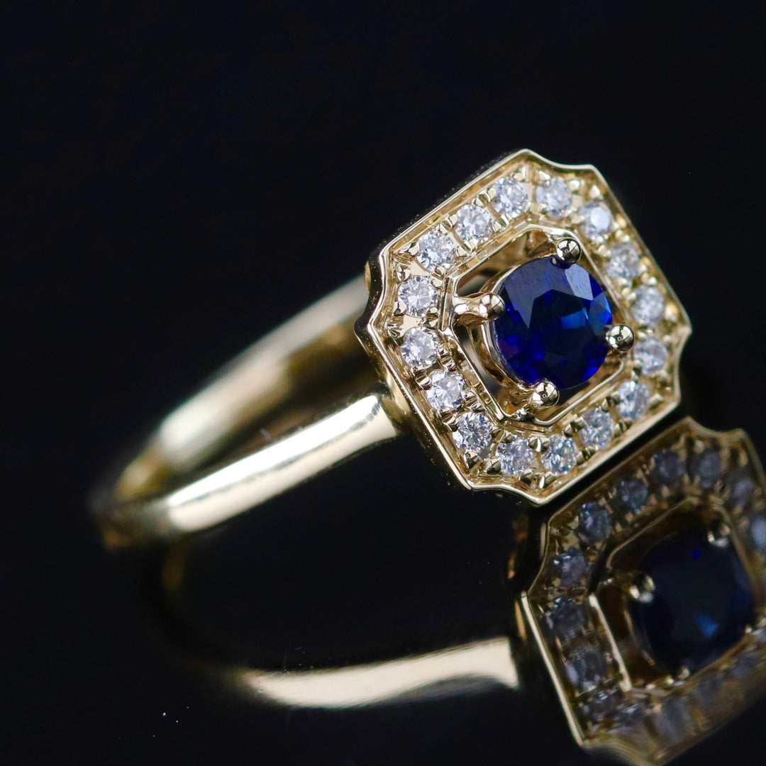 SALE!  Sapphire and diamond halo ring in 14k yellow gold