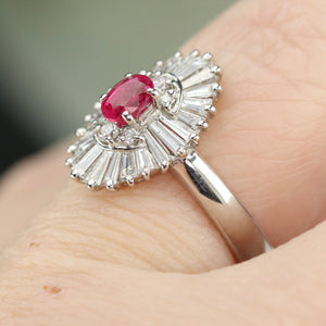 Estate ruby and diamond ballerina style ring in platinum