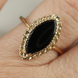 Vintage onyx navette ring in yellow gold