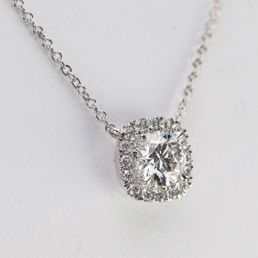 Lab grown diamond halo necklace in 14k white gold