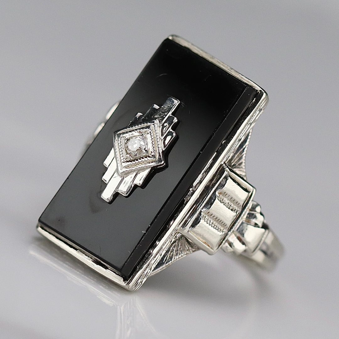 Art Deco oblong onyx and diamond vintage ring in 14k white gold