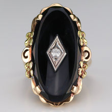 Load image into Gallery viewer, Large oval vintage black onyx and diamond ring in rose, green, and yellow gold ring