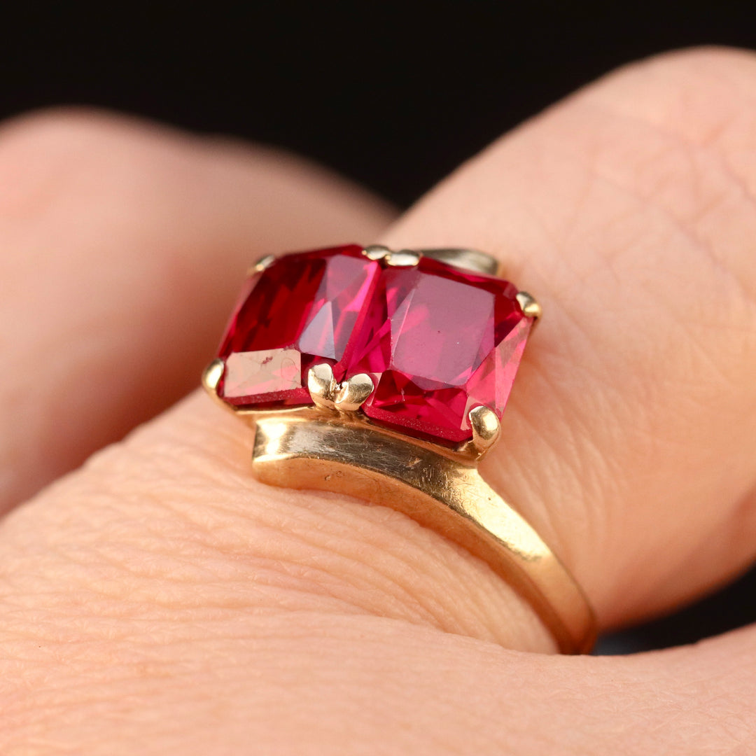 Vintage lab grown ruby toi et moi ring in yellow gold