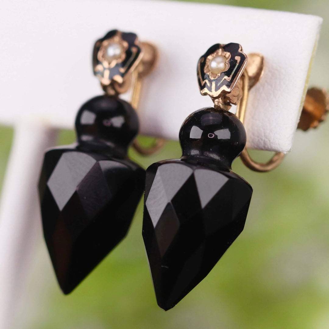 RESERVED: PAYMENT 4 OF 4: Victorian mourning earrings with faceted onyx drops in 14k yellow gold