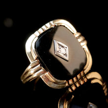 Load image into Gallery viewer, Vintage cushion cut onyx and diamond ring in yellow gold