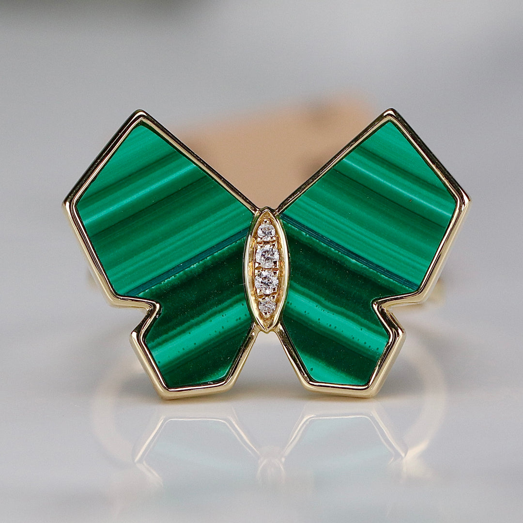 Malachite and diamond butterfly ring in 14k yellow gold by Effy