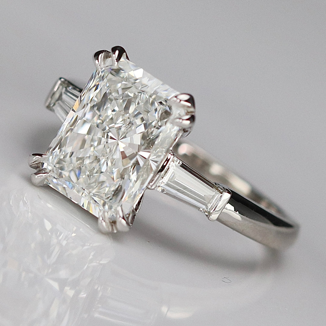 MANOR ROYAL: The Alexandra - 3.85ct radiant cut lab grown diamond ring in 14k white gold