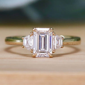 MANOR ROYAL:  The Queen Anne - 3 stone 1.40ctw lab grown emerald cut diamond ring in 14k yellow gold