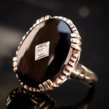 Load image into Gallery viewer, Large oval vintage black onyx and diamond ring in yellow gold ring