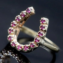 Load image into Gallery viewer, Vintage ring with synthetic rubies in a horseshoe shape in yellow gold