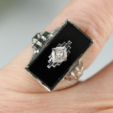 Load image into Gallery viewer, Art Deco oblong onyx and diamond vintage ring in 14k white gold