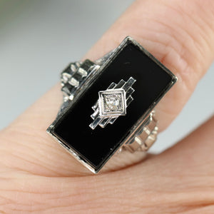 Art Deco oblong onyx and diamond vintage ring in 14k white gold