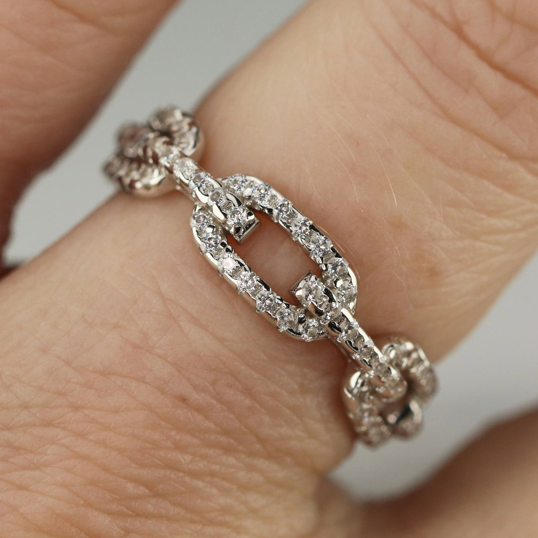 Sterling silver CZ studded paperclip band