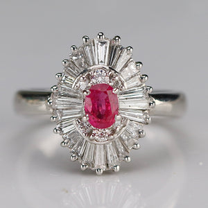 Estate ruby and diamond ballerina style ring in platinum