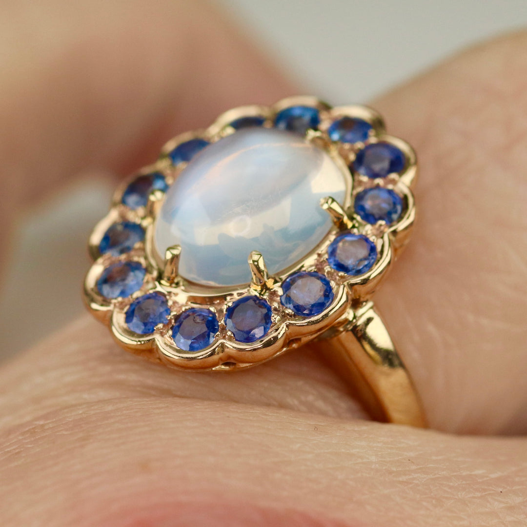 RESERVED: LAYAWAY PAYMENT 4 OF 10: Stunning moonstone and sapphire ring in 14k yellow gold