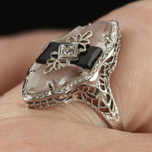 Load image into Gallery viewer, Vintage ring with onyx and rock crystal in 14k white gold filigree from Manor Jewels.