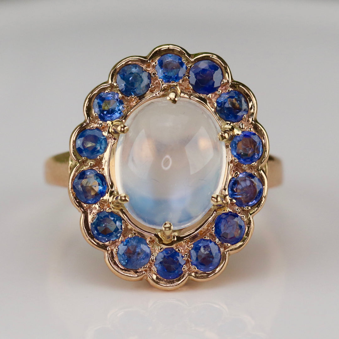 RESERVED: LAYAWAY PAYMENT 4 OF 10: Stunning moonstone and sapphire ring in 14k yellow gold