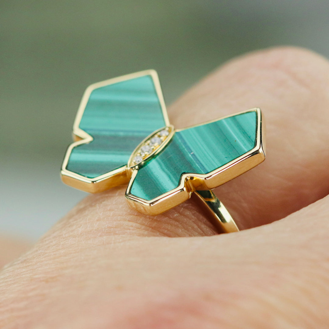 Malachite and diamond butterfly ring in 14k yellow gold by Effy