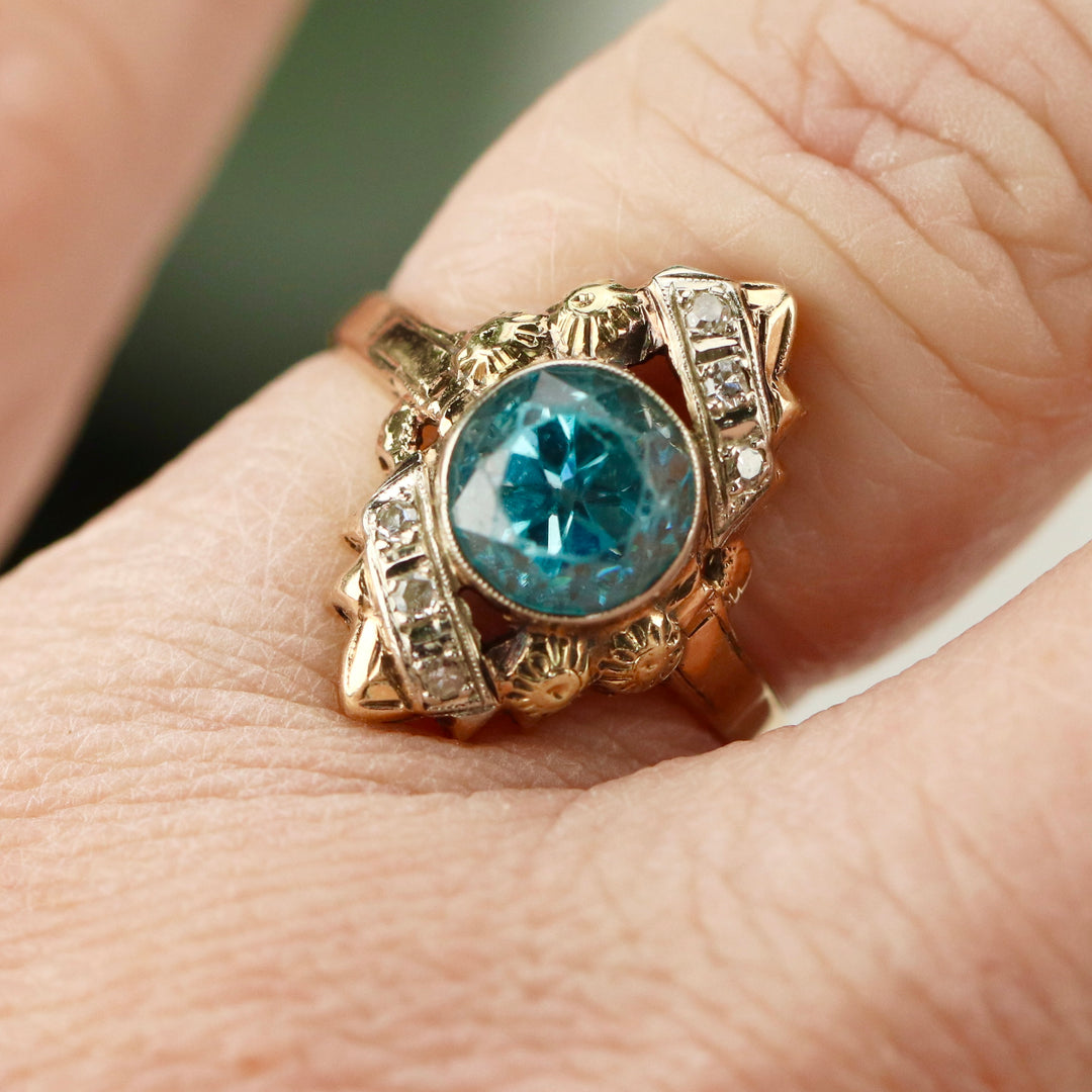 Vintage Blue zircon and diamond ring in 14K yellow gold