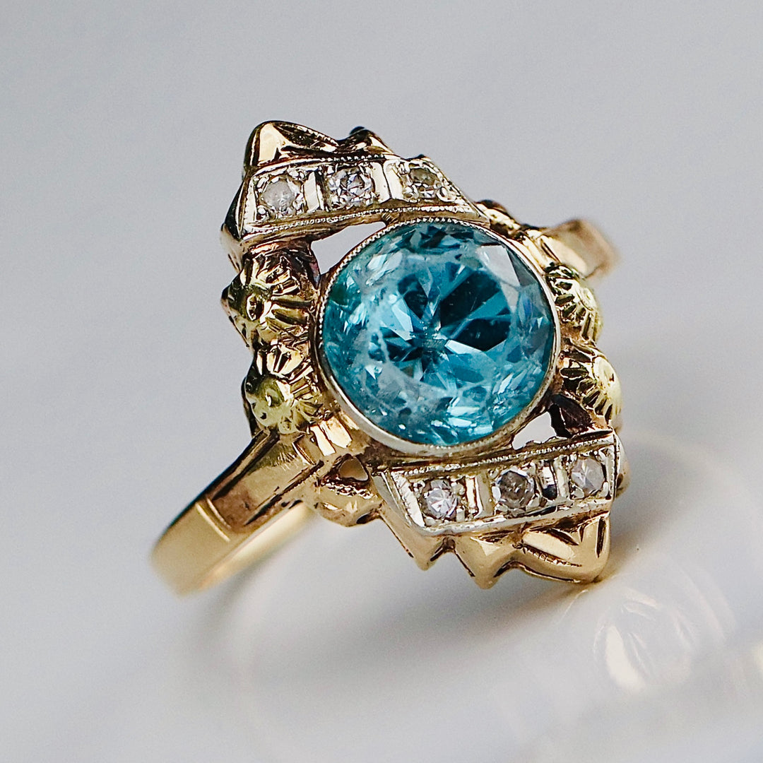 Vintage Blue zircon and diamond ring in 14K yellow gold