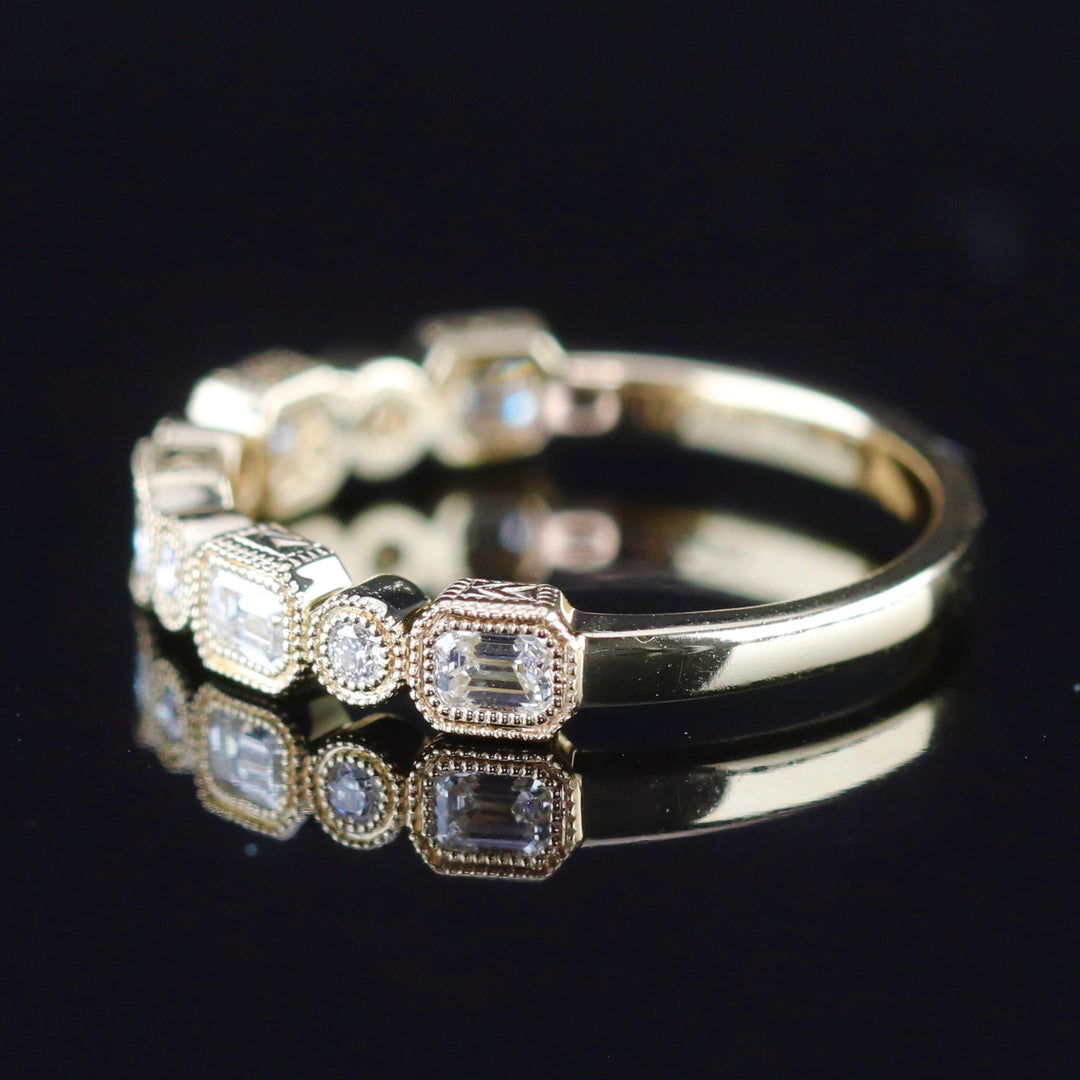 SALE!!  Emerald cut and round Diamond band in 14k yellow gold