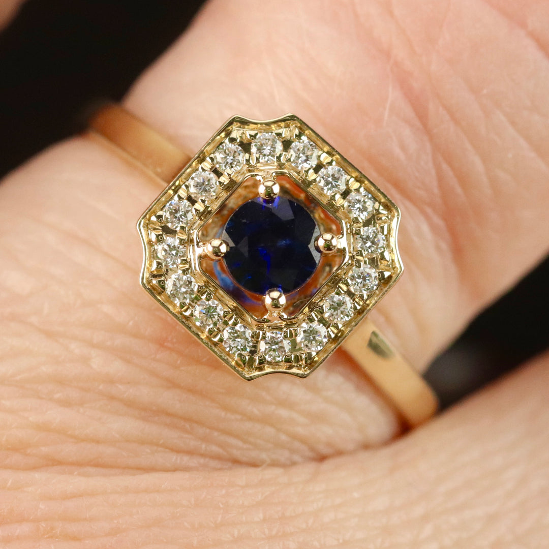 SALE!  Sapphire and diamond halo ring in 14k yellow gold