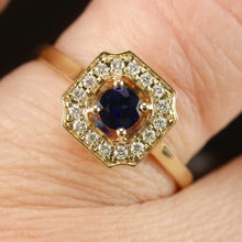 Load image into Gallery viewer, Sapphire and diamond halo ring in 14k yellow gold