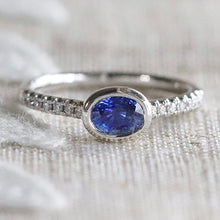 Load image into Gallery viewer, East west blue Sapphire and diamond ring in 14k white gold