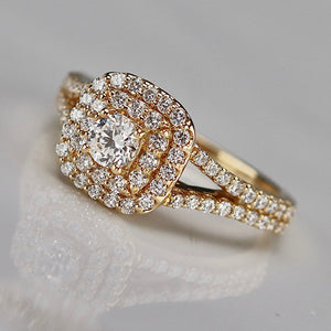 Double halo lab grown diamond ring in 14k yellow gold