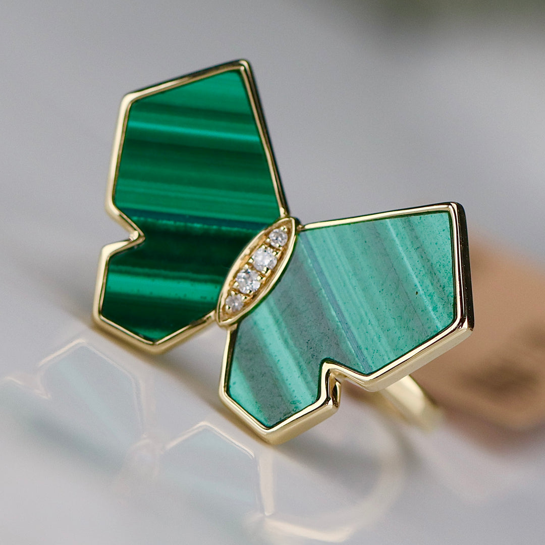 Malachite and diamond butterfly ring in 14k yellow gold by Effy