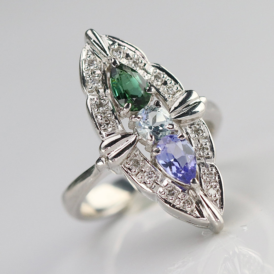 Platinum multi gemstone navette ring