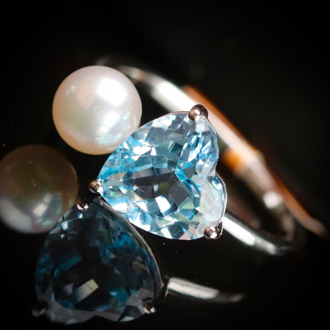 Blue topaz and pearl 2 stone ring in 14k white gold by Effy
