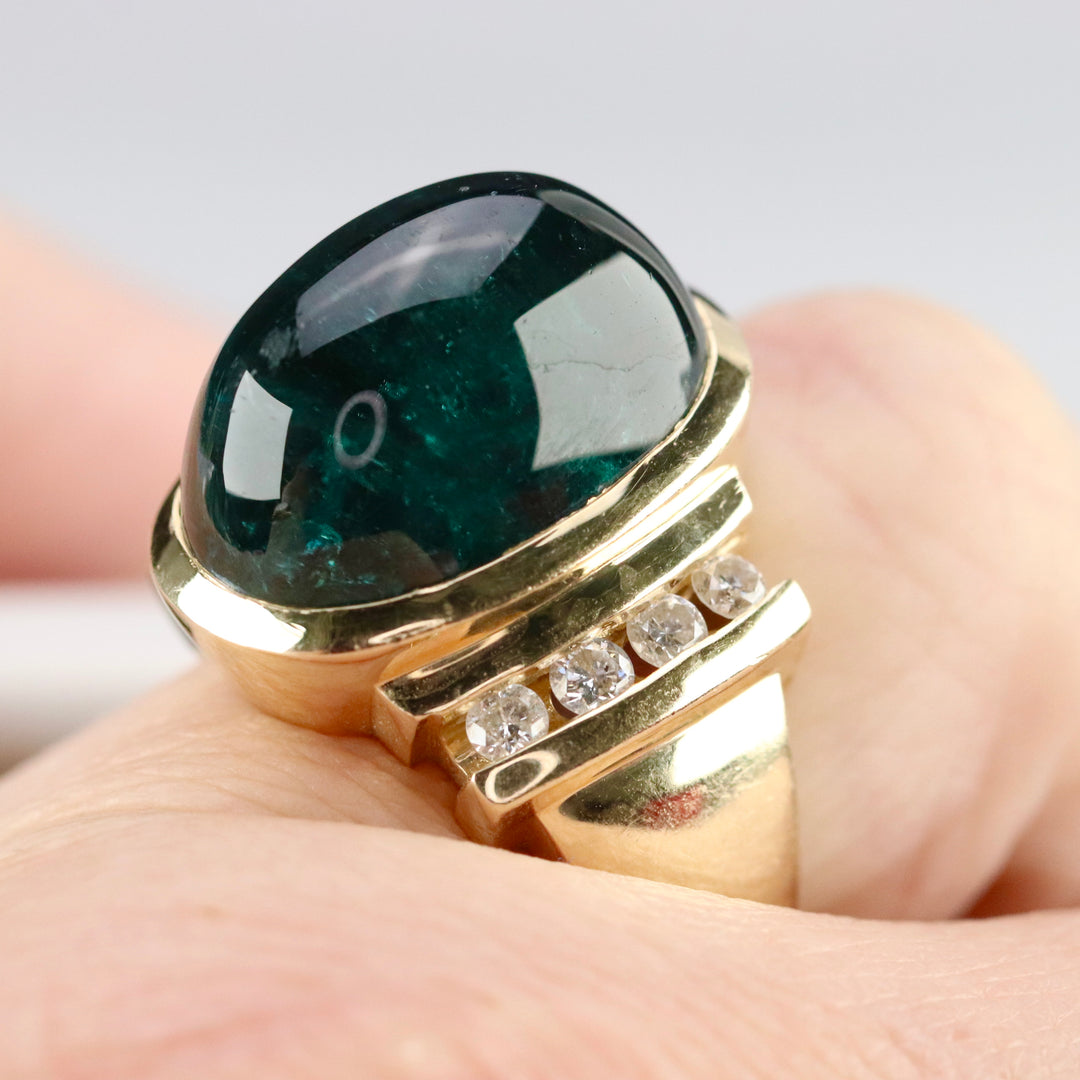 Estate green tourmaline and diamond ring in 14k yellow gold