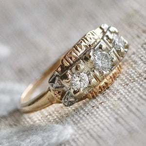 Transitional cut vintage 3 stone diamond band in 14k