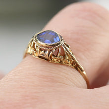 Load image into Gallery viewer, Vintage marquise cut lab grown blue sapphire ring in yellow gold